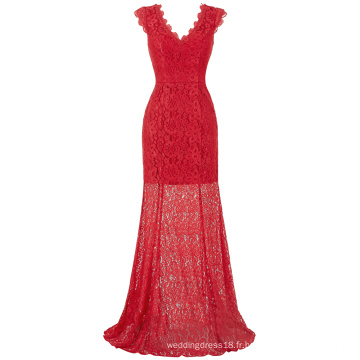 Kate Kasin Manche à encolure en V V-Back Dentelle rouge Longue robe de soirée Prom Ball Gown Occasionnel KK000190-1